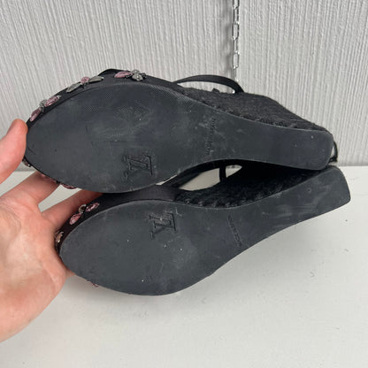 Louis Vuitton Black Satin Crystal Embellished Platform Espadrille Sandals