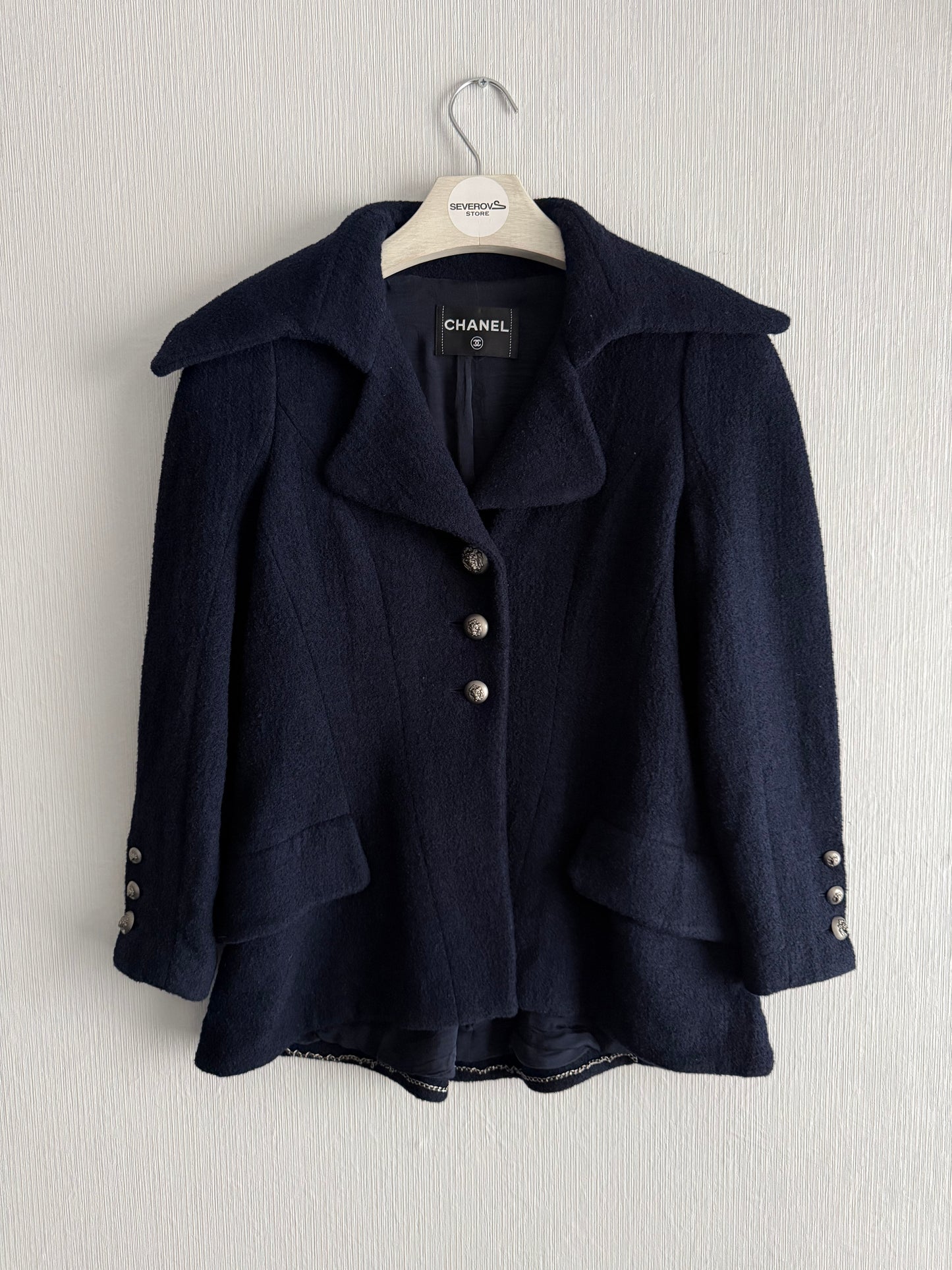 Chanel Wool Nylon Lion COCO Mark Button Jacket Coat Blouson Blazer Navy Blue