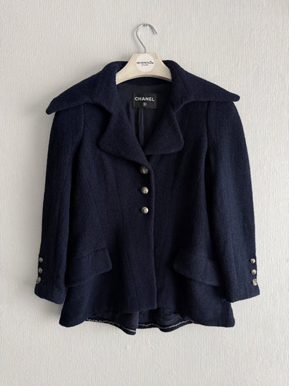 Chanel Wool Nylon Lion COCO Mark Button Jacket Coat Blouson Blazer Navy Blue