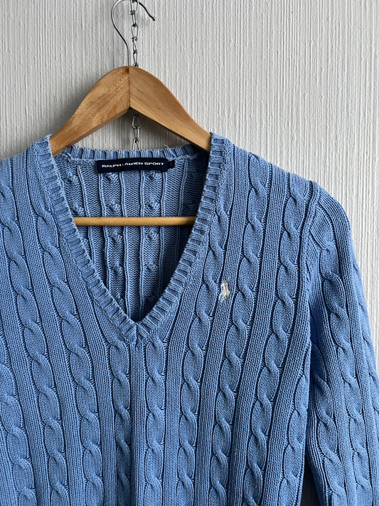 Ralph Lauren Sport Cable Knit V-neck Blue Cotton Sweater