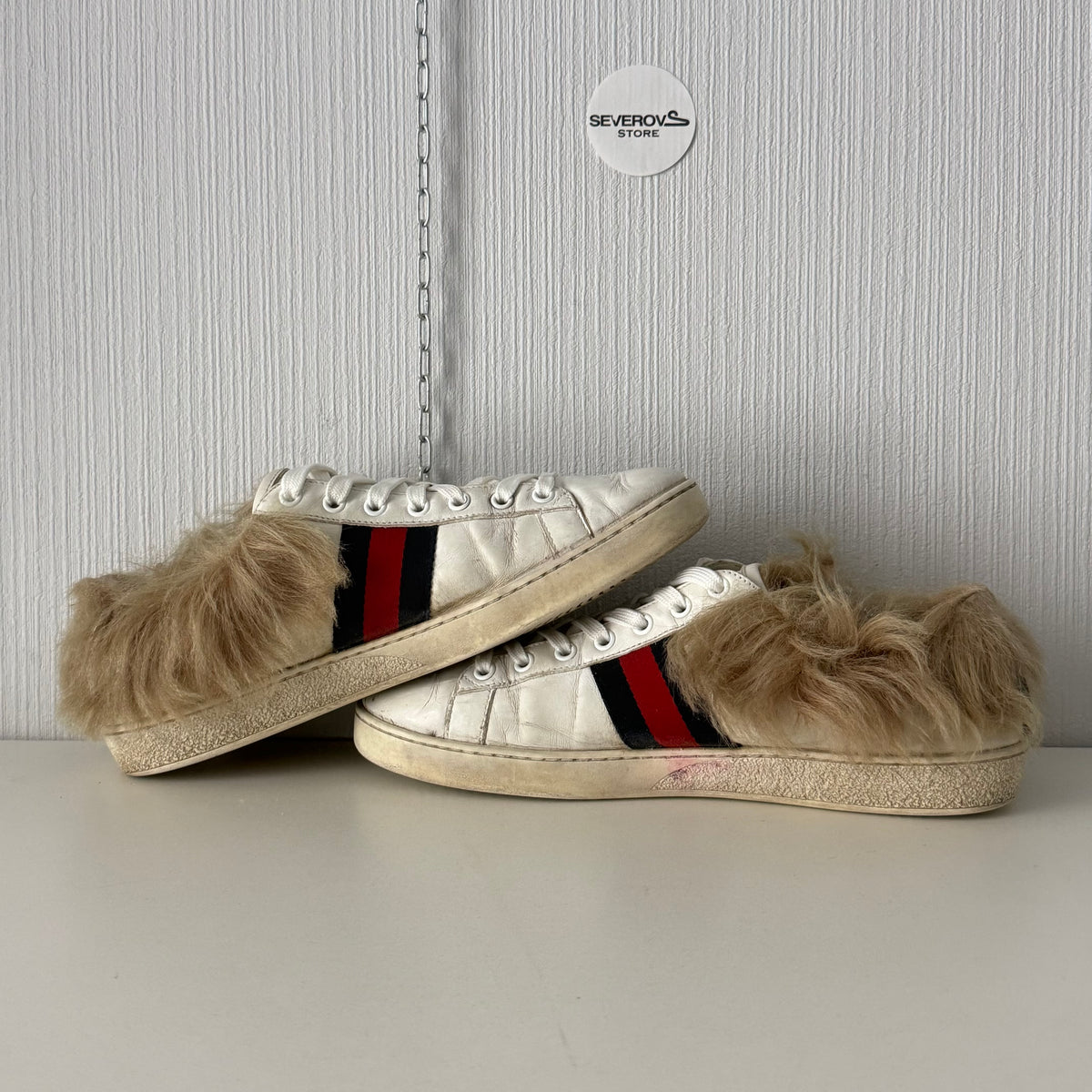 Gucci White Leather Fur Lined Ace Sneakers