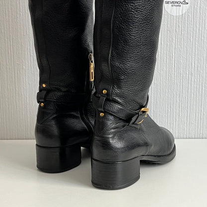 Prada Cervo Logo Knee High Black Leather Riding Boots