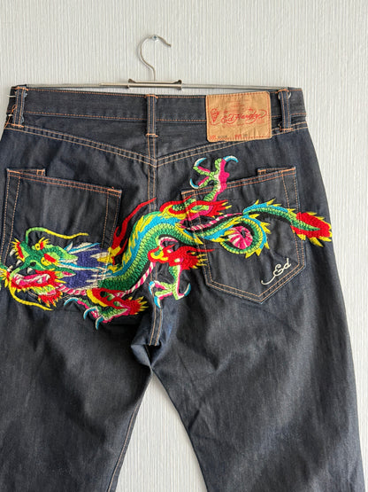 Ed Hardy Dragon Embroidered Blue Denim Jeans