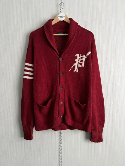 Polo Ralph Lauren Varsity Red Patchwork Heavy Knit Cardigan