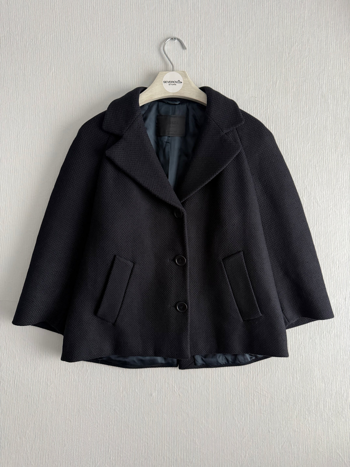 Prada Wool Woven Womens Black Pea Coat