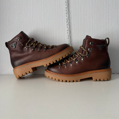 Prada Hike Laced Boots in Brown Leather