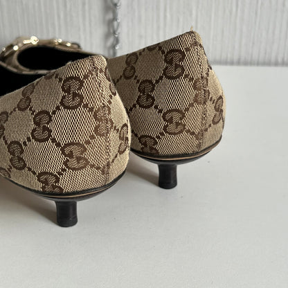 Gucci Beige Guccissima Canvas Horsebit Pointed Toe Pumps Womens Shoes
