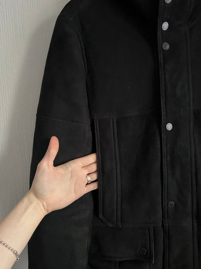 Zegna Black Suede Lamb Leather Shearling Coat Mens Parka Jacket