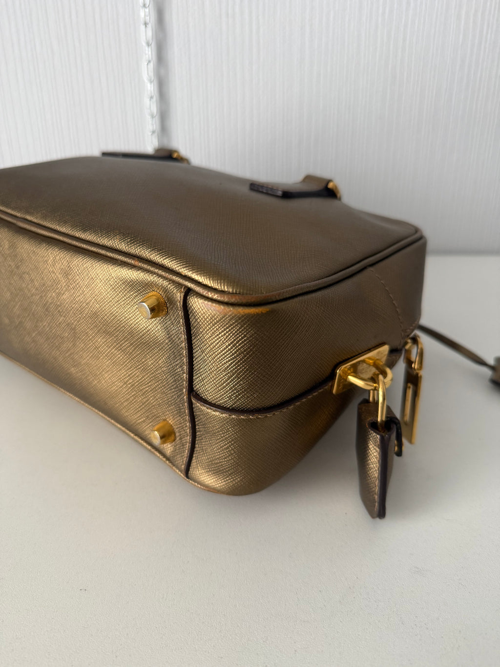 Prada Gold Saffiano Leather Top Handle Bowling Bag