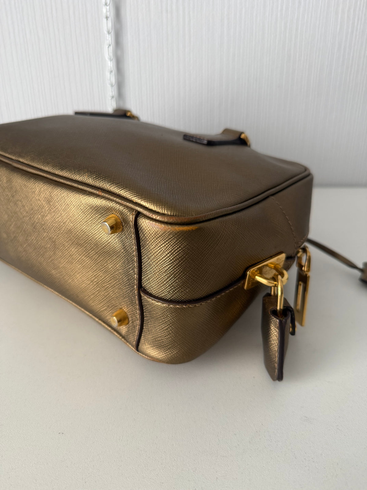 Prada Gold Saffiano Leather Top Handle Bowling Bag