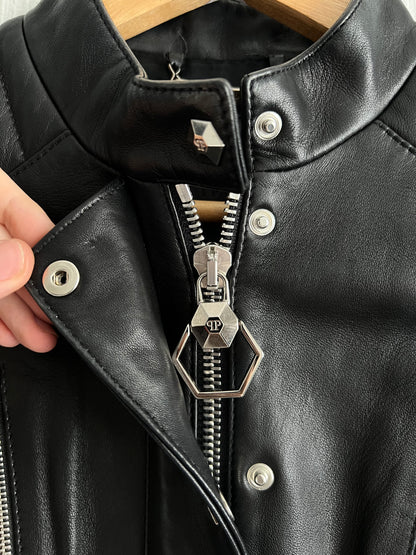Phillip Plein Fitted Lamb Leather Biker Jacket