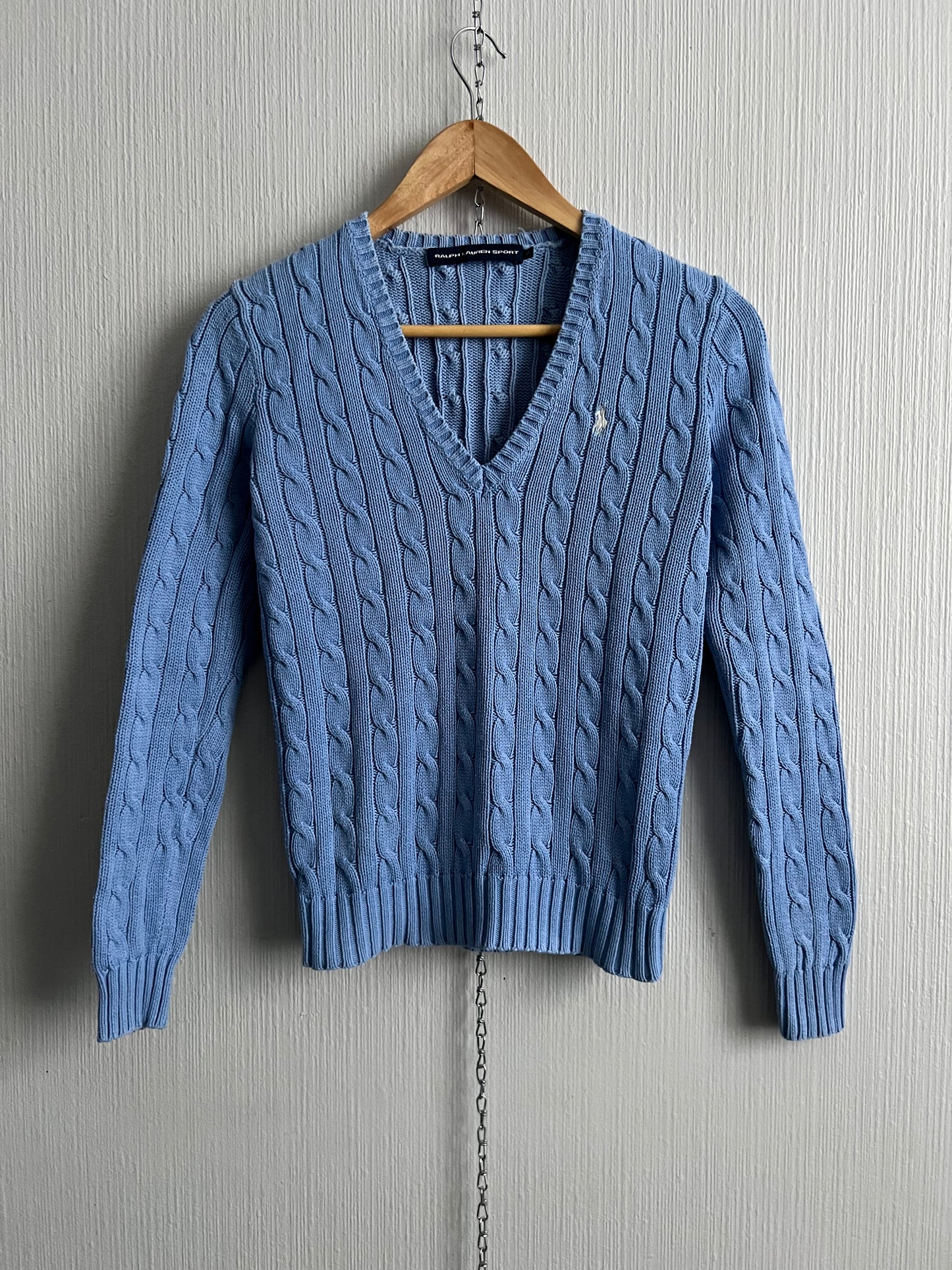 Ralph Lauren Sport Cable Knit V-neck Blue Cotton Sweater