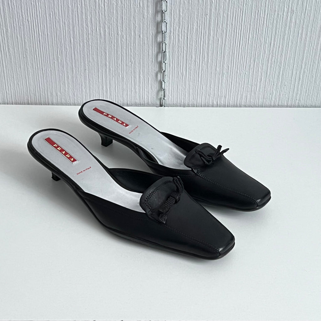 Prada Black Leather Kitten Heel Mules Shoes