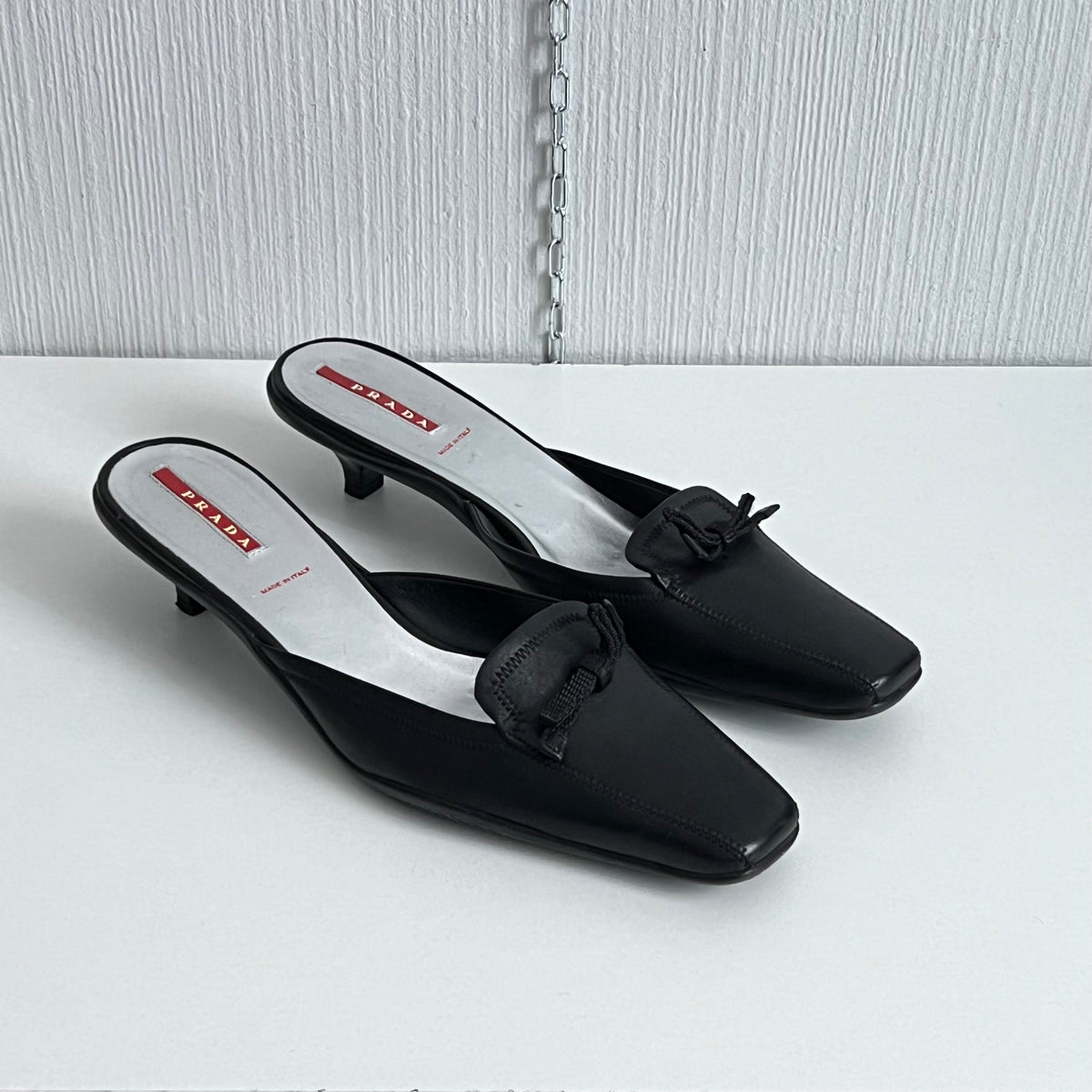 Prada Black Leather Kitten Heel Mules Shoes