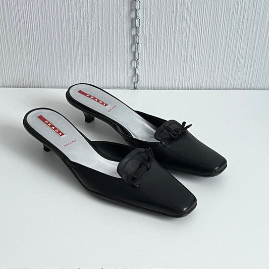 Prada Black Leather Kitten Heel Mules Shoes