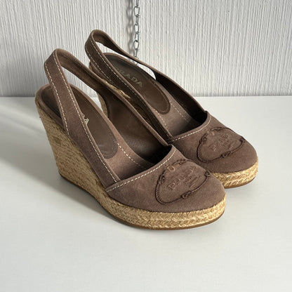 Prada Logo Embroidered Wedge Sandals in Light Brown Colour