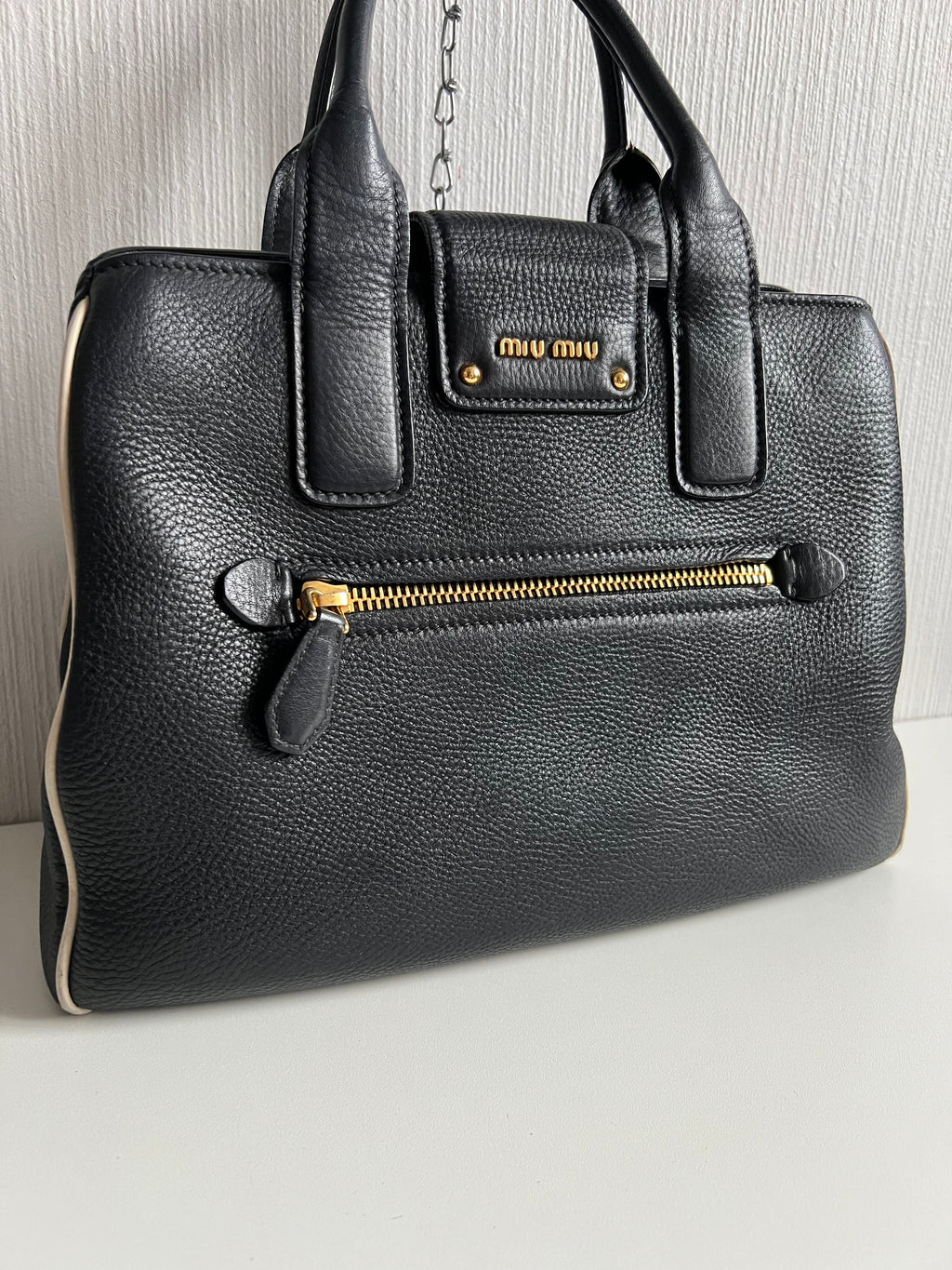Miu Miu Vitello Caribu Black Leather Satchel HandBag