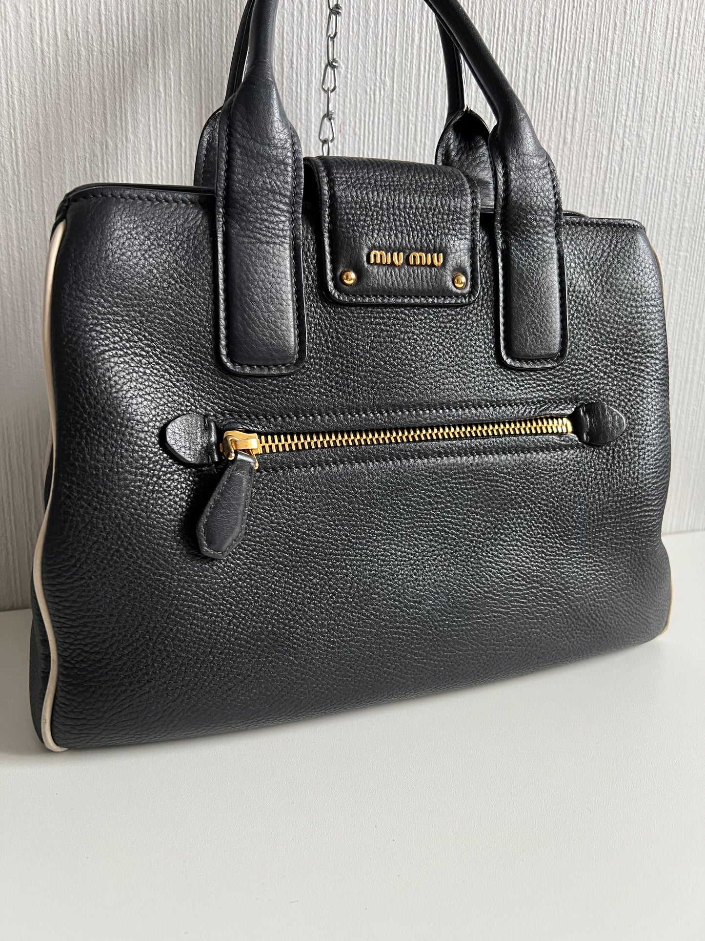 Miu Miu Vitello Caribu Black Leather Satchel HandBag
