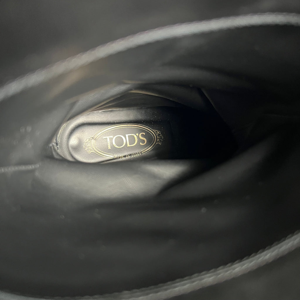 Tod's Black Leather and Suede Fibbie Mid Calf Biker Boots