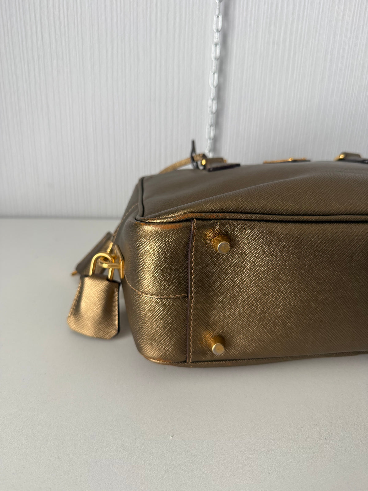 Prada Gold Saffiano Leather Top Handle Bowling Bag