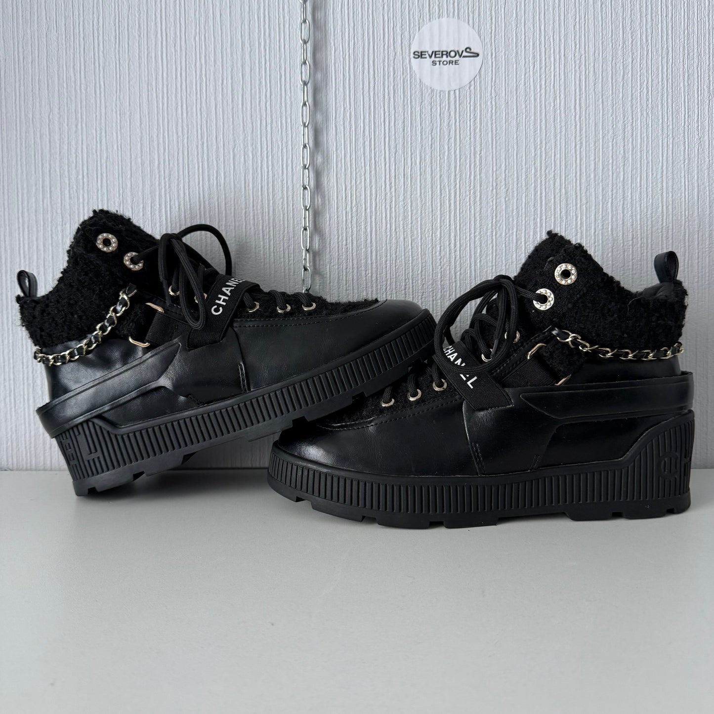 Chanel Chain Sneaker Black Leather Shoes