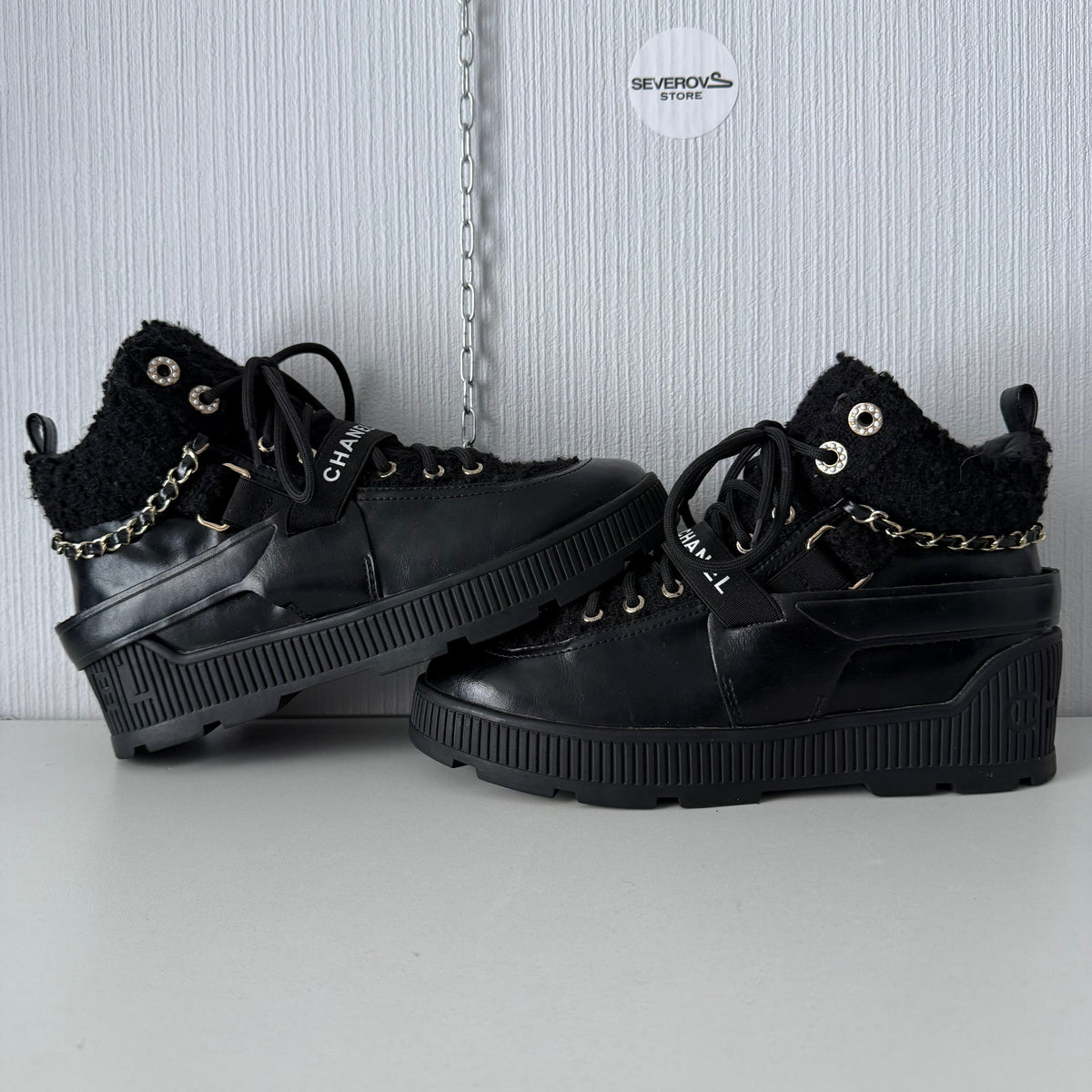 Chanel Chain Sneaker Black Leather Shoes