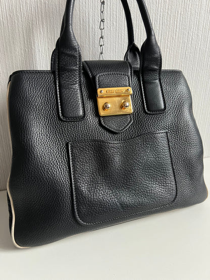 Miu Miu Vitello Caribu Black Leather Satchel HandBag