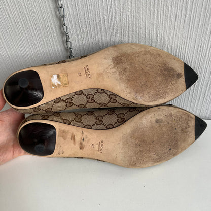 Gucci Beige Guccissima Canvas Horsebit Pointed Toe Pumps Womens Shoes