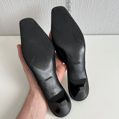 Prada Black Leather Kitten Heel Mules Shoes