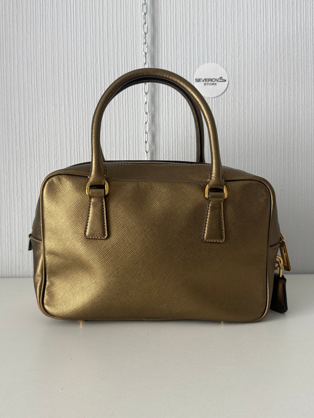 Prada Gold Saffiano Leather Top Handle Bowling Bag
