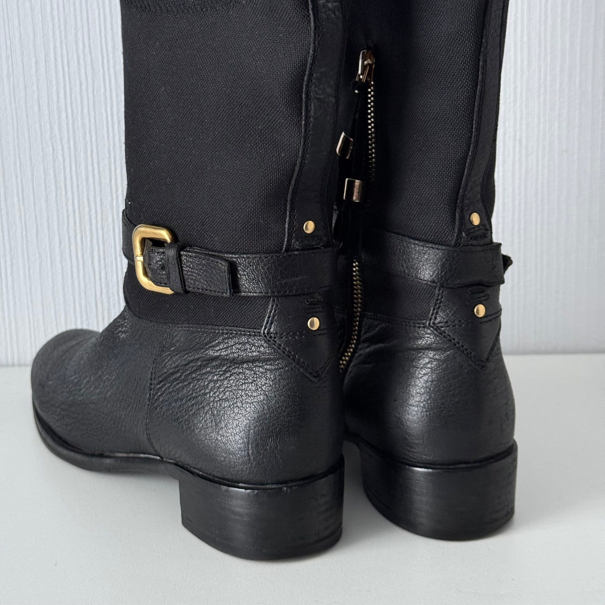 Prada Black Leather Knee High Logo Boots