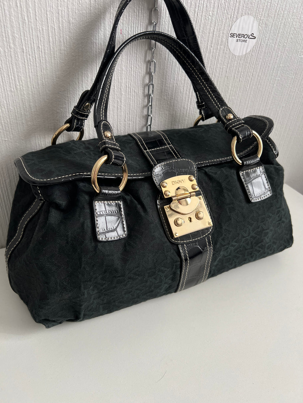 DKNY Vintage Black Monogram Bag with gold buckle