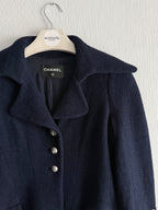 Chanel Wool Nylon Lion COCO Mark Button Jacket Coat Blouson Blazer Navy Blue
