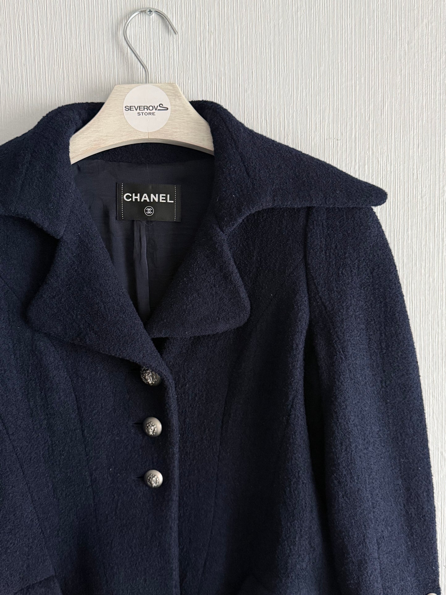 Chanel Wool Nylon Lion COCO Mark Button Jacket Coat Blouson Blazer Navy Blue