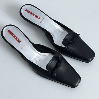 Prada Black Leather Kitten Heel Mules Shoes