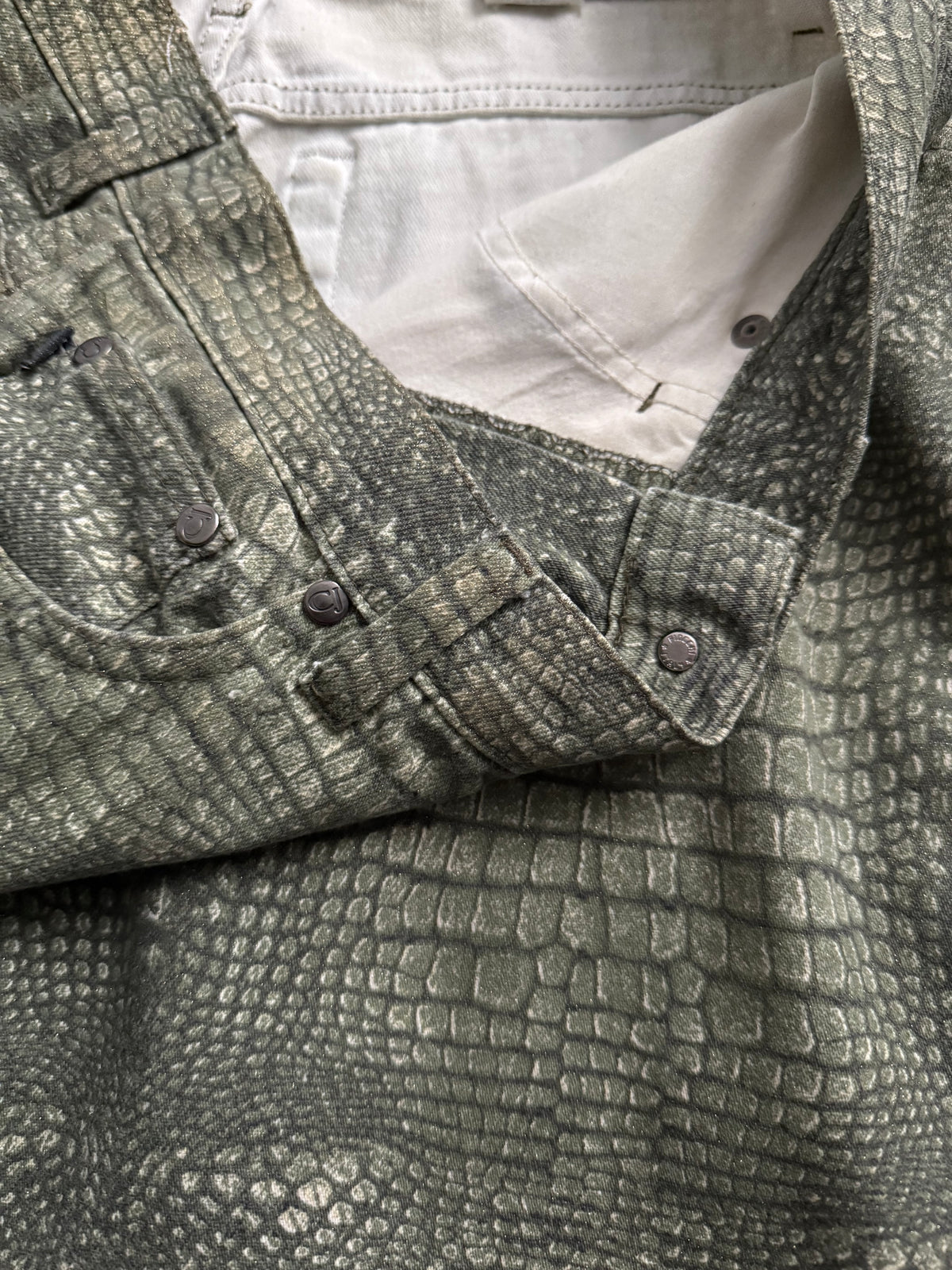 Roberto Cavalli Jeans AW2001 Crocodile Effect Khaki Mens Pants