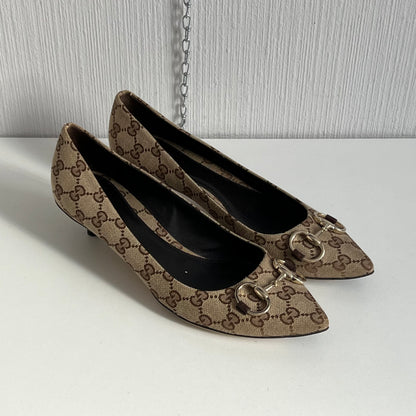 Gucci Beige Guccissima Canvas Horsebit Pointed Toe Pumps Womens Shoes