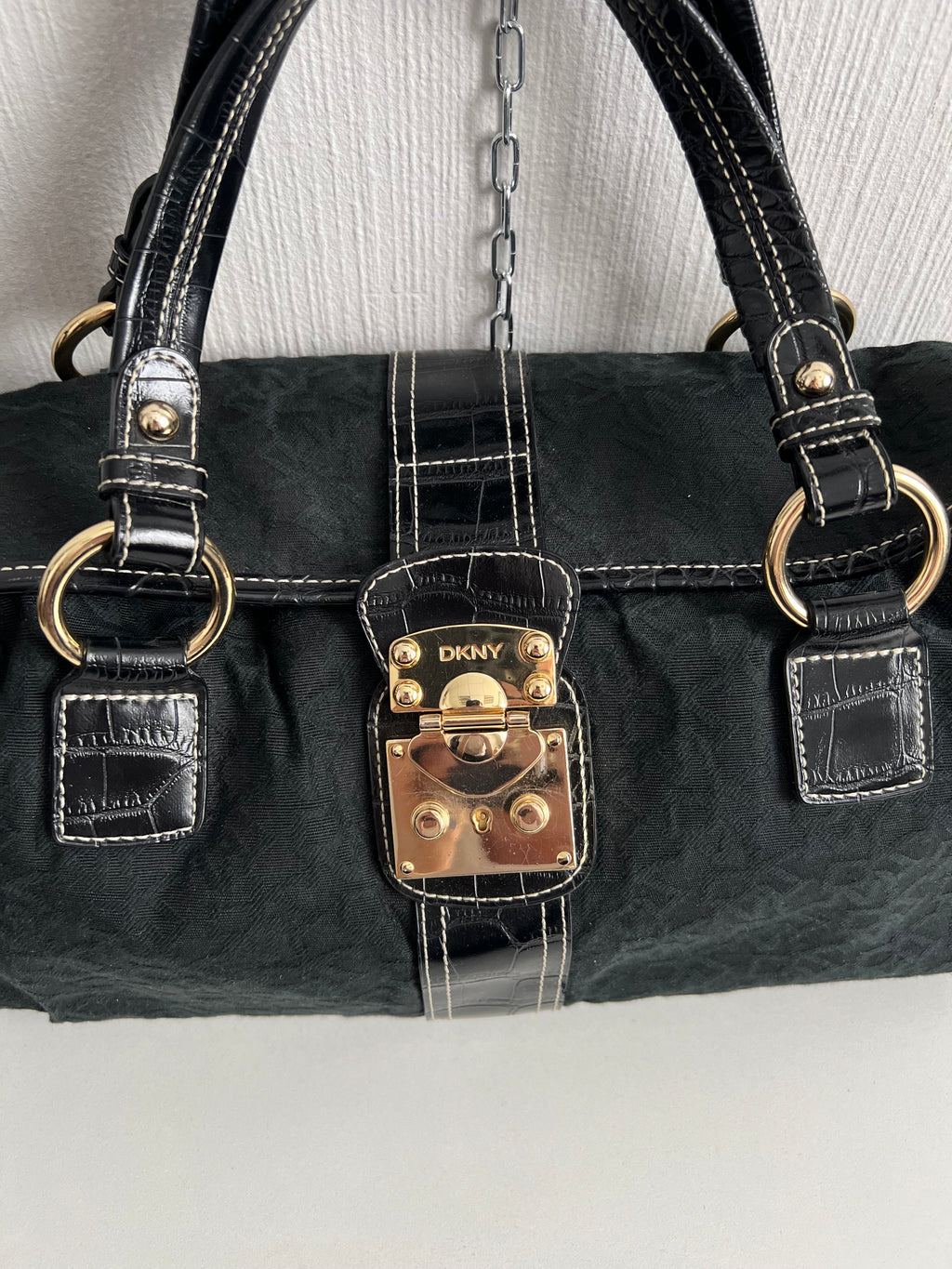 DKNY Vintage Black Monogram Bag with gold buckle