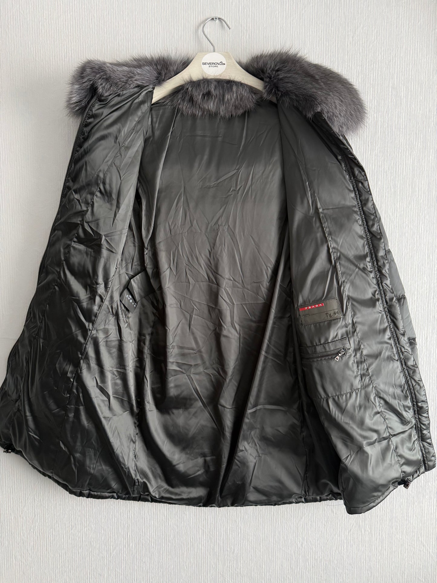 Prada Puffer Down Long Jacket Real Fox Gray Fur Collar