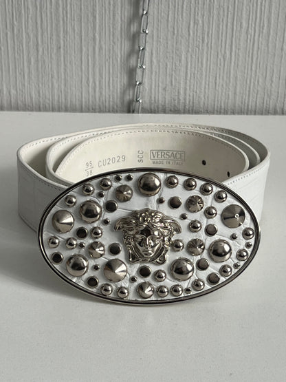 Versace Medusa Studded White Leather Belt