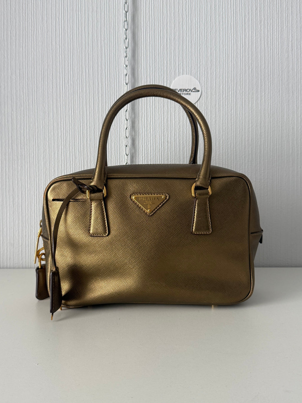 Prada Gold Saffiano Leather Top Handle Bowling Bag