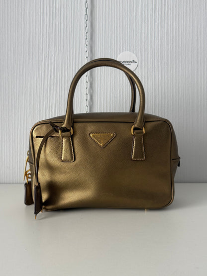 Prada Gold Saffiano Leather Top Handle Bowling Bag