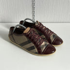 Burberry Beige Burgundy Nova Check Canvas and Patent Leather Lace Up Sneakers Womens Shoes