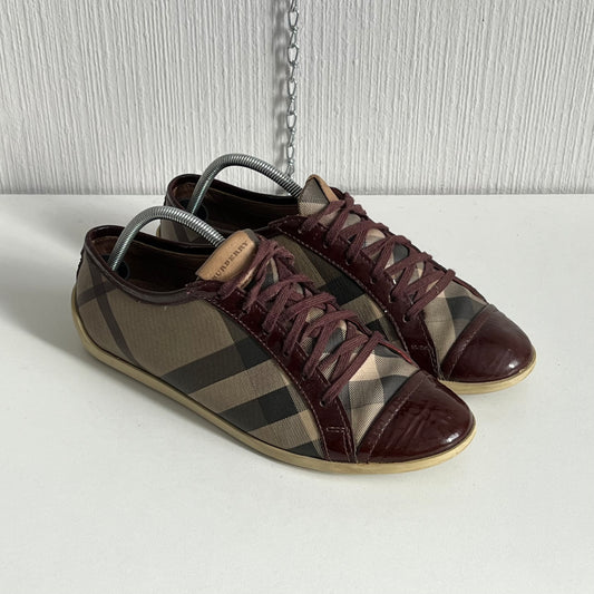 Burberry Beige Burgundy Nova Check Canvas and Patent Leather Lace Up Sneakers Womens Shoes