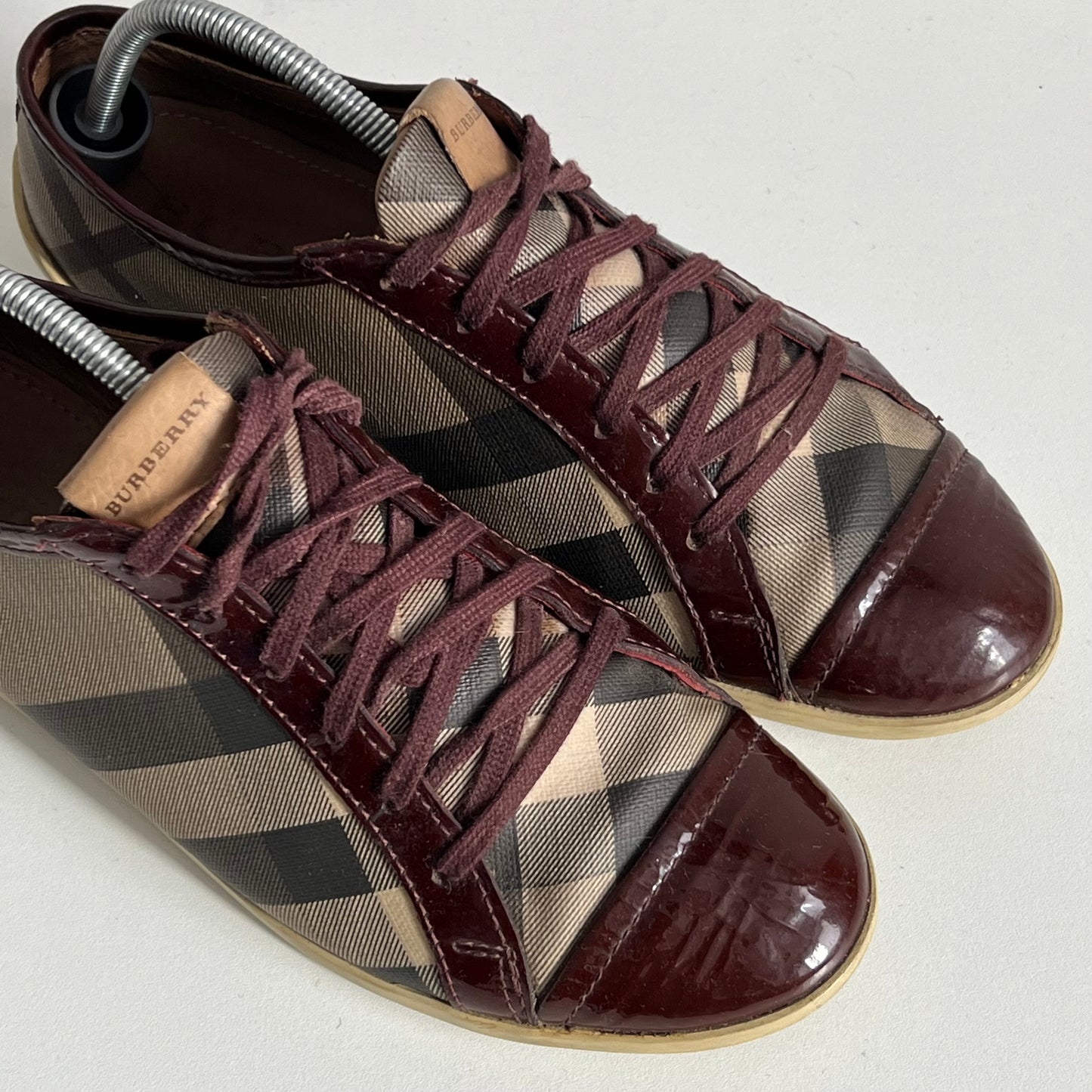 Burberry Beige Burgundy Nova Check Canvas and Patent Leather Lace Up Sneakers Womens Shoes