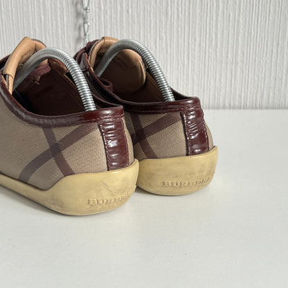 Burberry Beige Burgundy Nova Check Canvas and Patent Leather Lace Up Sneakers Womens Shoes