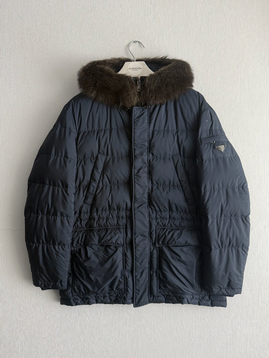 Prada Logo Down Parka Jacket with Real Fur