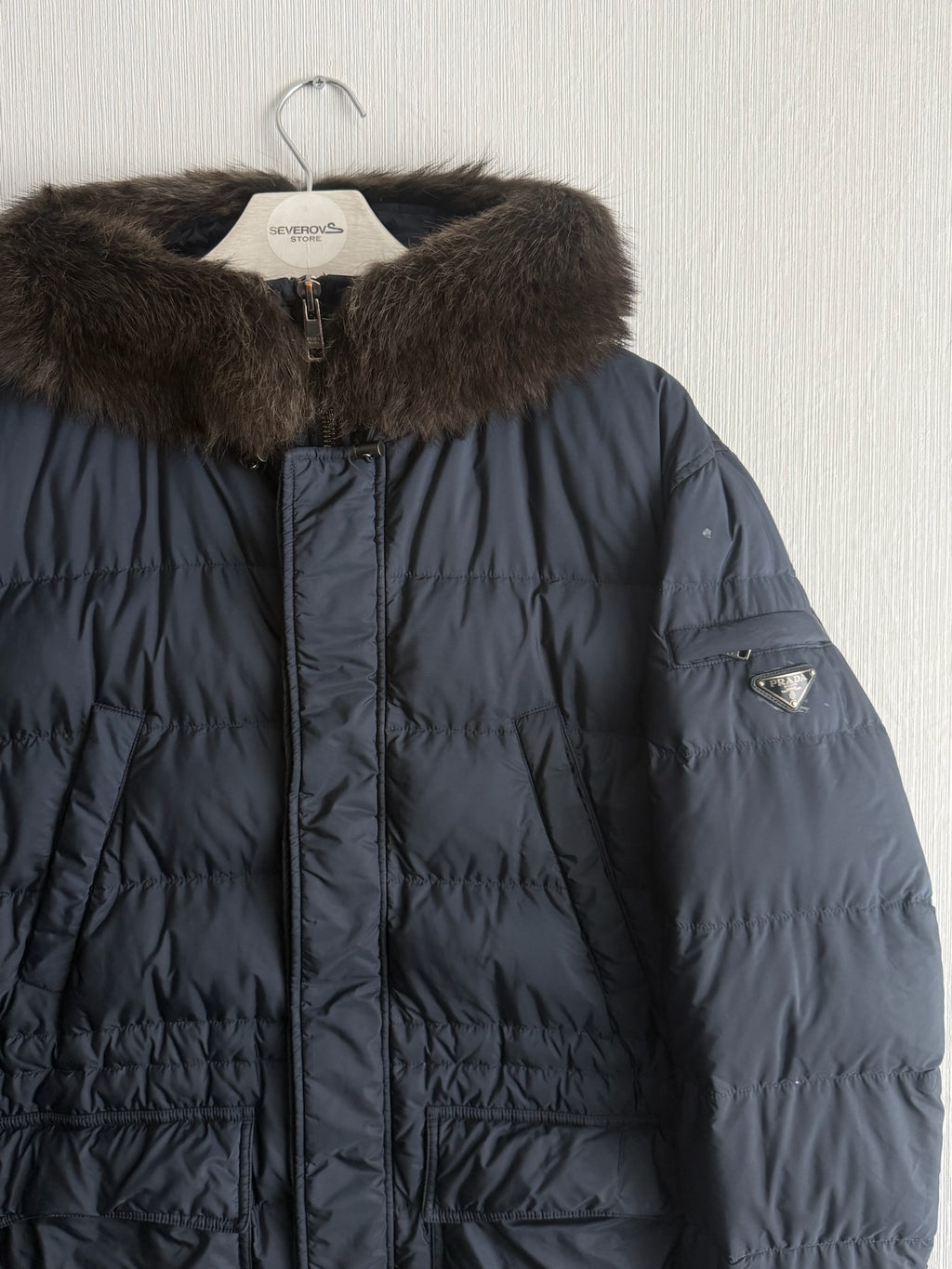 Prada Logo Down Parka Jacket with Real Fur