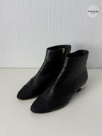 Chanel Black Leather Cap Toe Pearl Heel Womens Ankle Boots