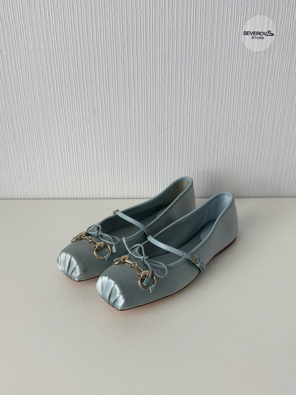 Gucci Light Blue Satin Horsebit Ankle Strap Bow Womens Ballet Flats
